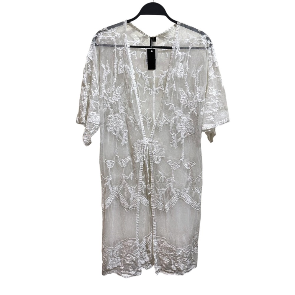 Kendall + Kylie Women Size S/M Off White Floral Embroidered Lace Kimono Cover Up